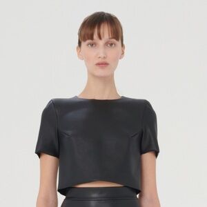 NWT - Wolford - Black Faux Leather Crop Top with Round Neck